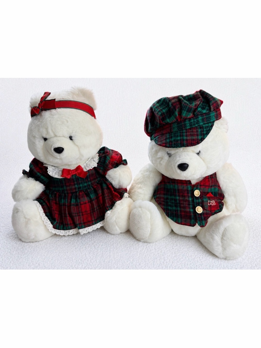 (VTG) JINGLE BEAR • 1980s Emporium-Capwell Christmas Plaid Teddy Bear Couple Set